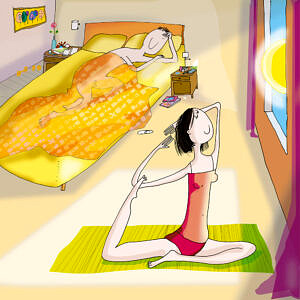 kreskówkowa kobieta uprawiająca jogę w świetle słońca jak jej mąż śpi