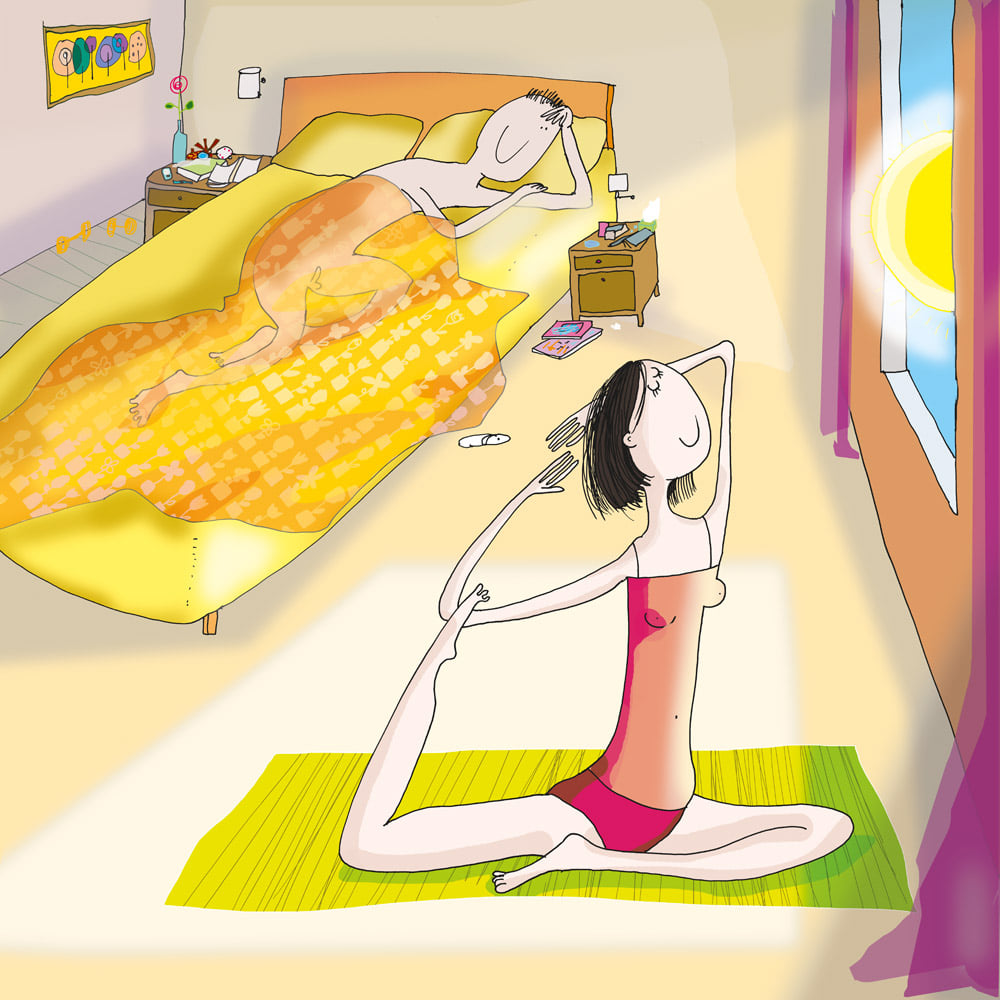 kreskówkowa kobieta uprawiająca jogę w świetle słońca jak jej mąż śpi