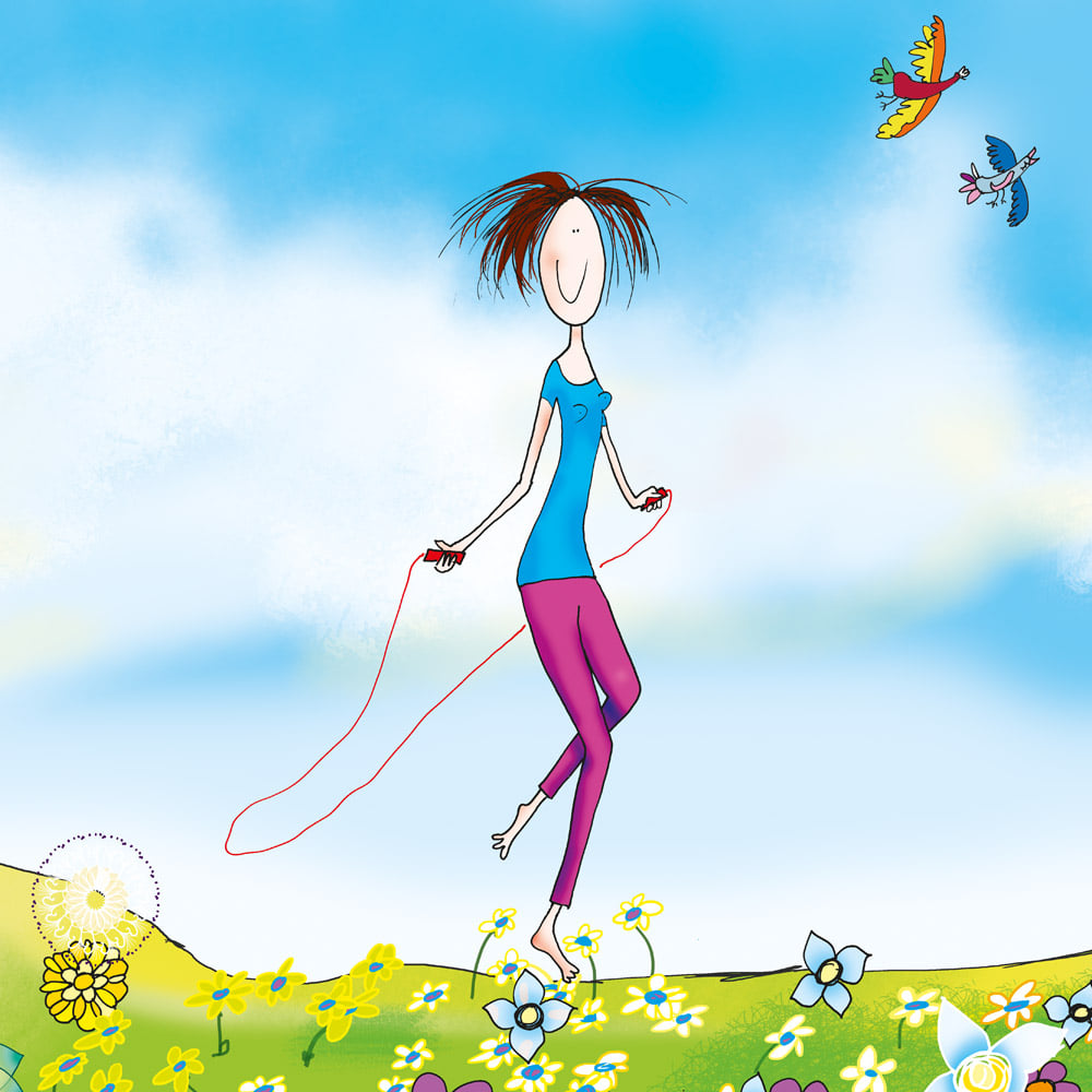 kreskówkowa kobieta na polanie skacze przez skakanke