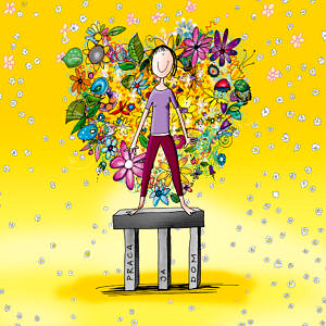 Kreskówkowa kobieta stojąca na krześle a za nią kwiaty