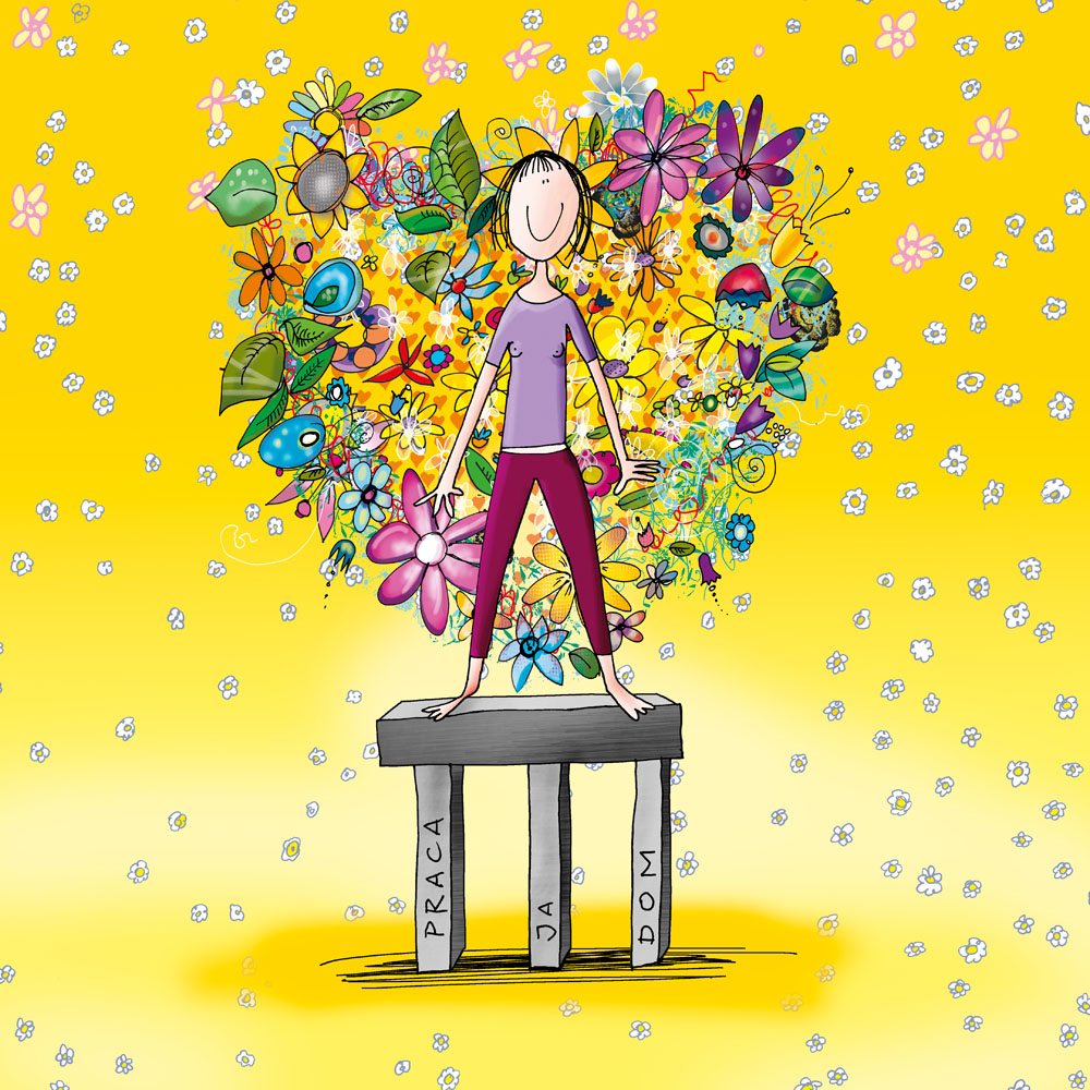 Kreskówkowa kobieta stojąca na krześle a za nią kwiaty
