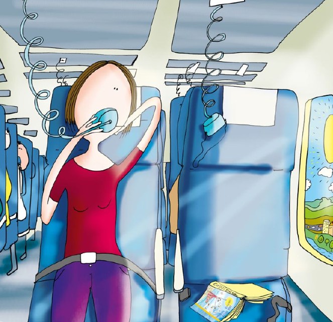 kreskówkowa kobieta w samolocie z maską gazową
