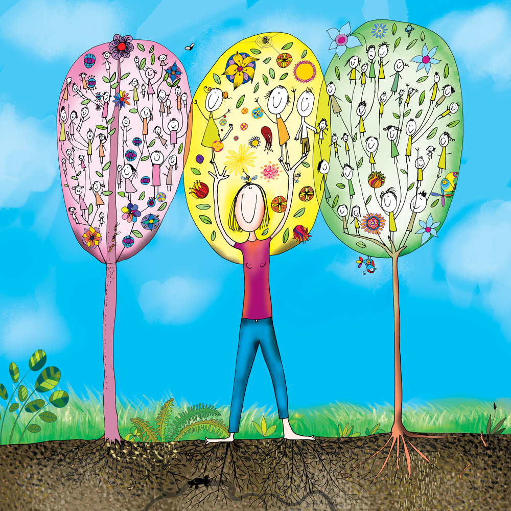 kreskówkowa kobieta na tle 3 kolorowych drzew