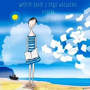 kreskówkowa kobieta w sukience w niebiesko-białe paski czytająca książke na plaży
